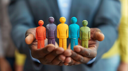 Two hands present a row of colorful wooden figures symbolizing diversity and inclusion in the workplace or community.