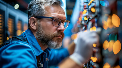 An experienced technician with safety glasses is intently configuring a server cabinet in a data center, ensuring optimal performance. - obrazy, fototapety, plakaty