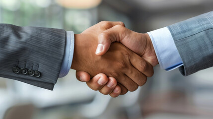Close-up of a firm handshake between two diverse business professionals in a corporate environment, symbolizing partnership and agreement.