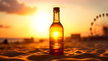 Bottle of beer on the beach at sunset. Selective focus. Generative AI.