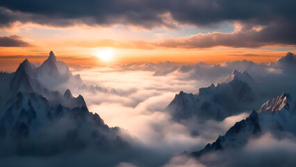 Beautiful panoramic view of the mountains in the clouds at sunset. Generative AI.
