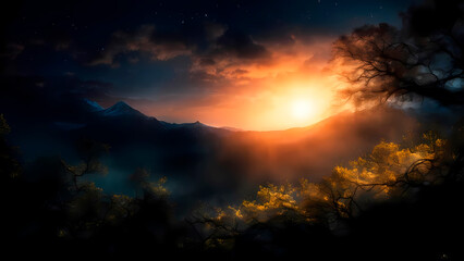 Fototapeta premium Sunset in the mountains with trees and fog. Generative AI.