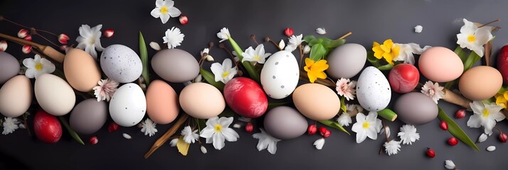 Easter poster and banner template with Easter eggs and spring flowers on flat background. Copy space for text banner. Greetings and presents for Easter Day. Promotion and shopping template for Easter