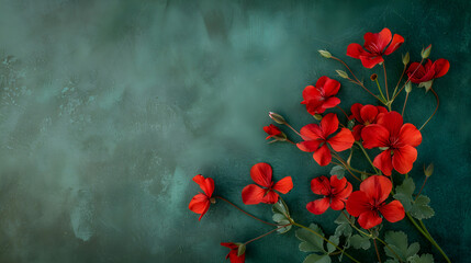 Red flowers placed on a green background with free space.