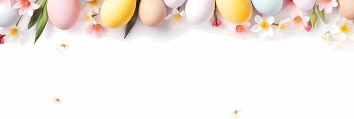 Naklejka na ściany i meble Easter poster and banner template with Easter eggs and spring flowers on flat background. Copy space for text banner. Greetings and presents for Easter Day. Promotion and shopping template for Easter