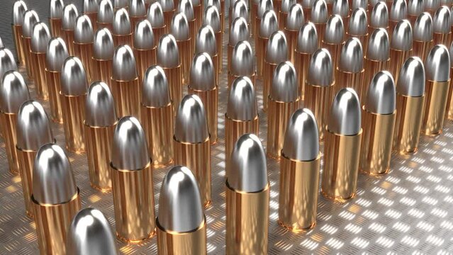 Bullets stand in a row on metal surface intro endless 4k