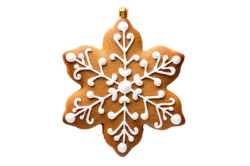 A cookie crafted in the shape of a snowflake rests. on a White or Clear Surface PNG Transparent Background.