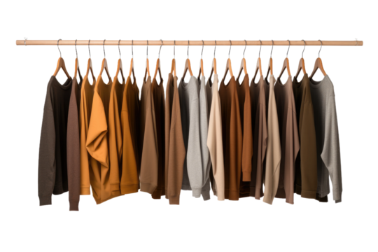 A plain clothes rack holding a neat row of various articles of clothing, including shirts, dresses, and pants. on a White or Clear Surface PNG Transparent Background.