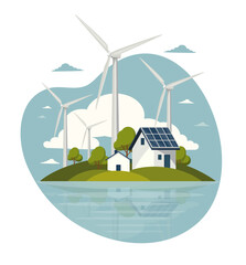 Home alternative electricity. Wind and solar generation. Solar panels on the roof house and wind turbines on nature background. Home alternative electricity, vector illustration.
