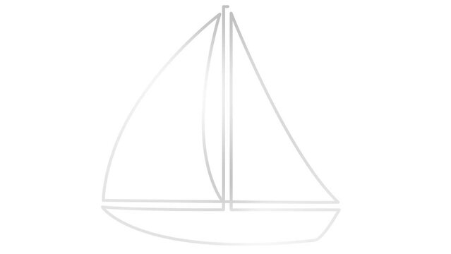 Animated silver yacht is drawn. Linear symbol of sailing boat. Concept of travel, cruise, recreation, voyage, regatta. Looped video. Line vector illustration isolated on white background.