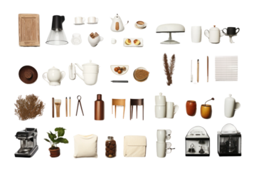 A collection of various kitchen utensils neatly organized. on a White or Clear Surface PNG Transparent Background.