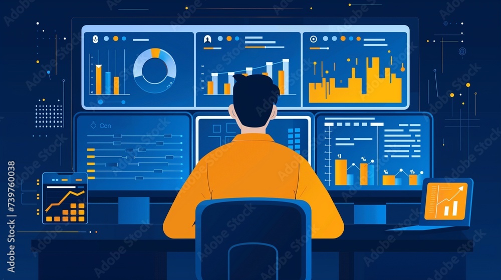 Poster an illustration of business process automation concept, showcasing graphs for distribution analysis 