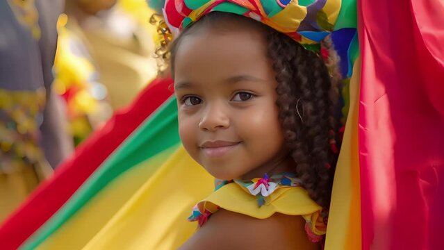 A young girl holding a flag of her native country looks determined as she takes part in a cultural parade embracing and celebrating her roots, Little Girl Wearing Colorful Dress and Headband