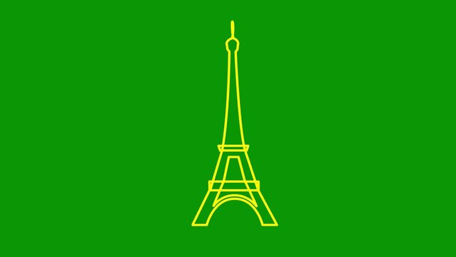 Animated yellow Eiffel Tower is drawn. Linear symbol of France. Looped video. Concept of Paris, trip, travel, construction, journey. Line vector illustration isolated on green background.