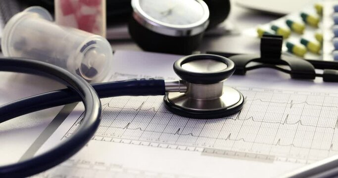 Stethoscope lies with medicines on table on heart cardiogram