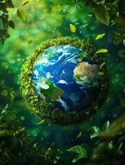 Obraz na płótnie Canvas Globe with green arrows covered with leafs, realistic, HD, copy space - generative ai