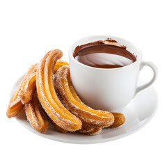 Gourmet Spanish churros served with hot chocolate isolated on white background 