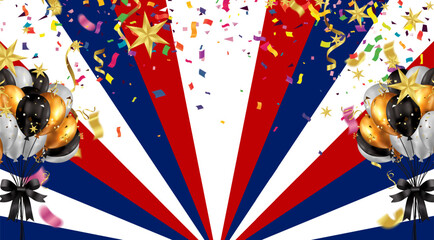Illustration of a background with balloons and confetti in the colors of the USA flag