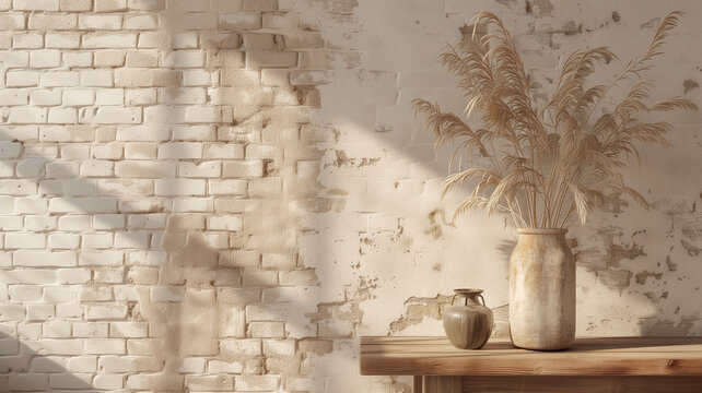 a rustic and minimalist product backdrop, with an exposed brick wall in soft beige and tan hues.