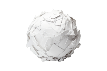 A white ball covered in numerous pieces of paper, creating a visually peculiar and striking scene. on a White or Clear Surface PNG Transparent Background.