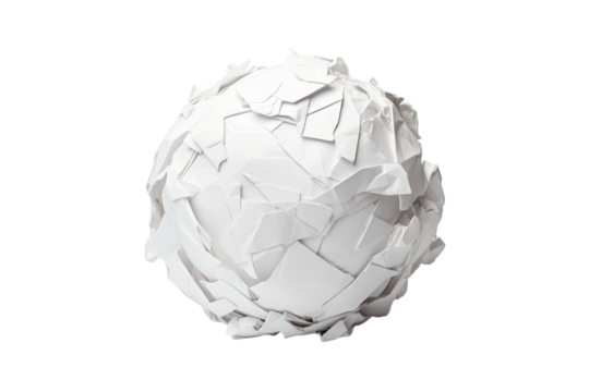 A white ball covered in numerous pieces of paper, creating a visually peculiar and striking scene. on a White or Clear Surface PNG Transparent Background.