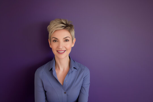 Executive woman in blue blouse with short blonde hair looking at camera against a purple background