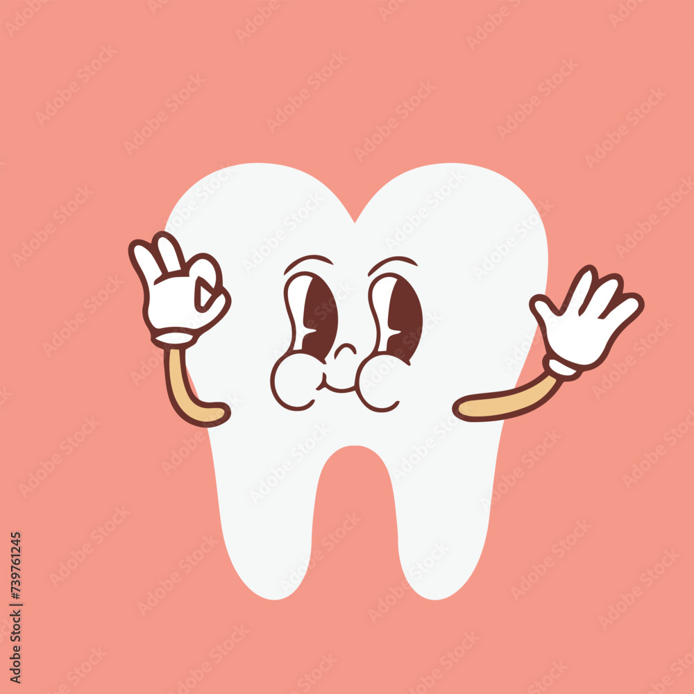 Wall mural groovy tooth cartoon character waving his hand. funny healthy white molar with happy face, retro car