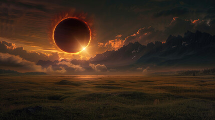 A total solar eclipse occurred over a vast grassland, the moon completely covered the sun so the sky was pitch black, Ai generated Images - obrazy, fototapety, plakaty