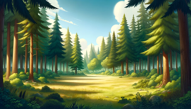 Vibrant and colorful illustration of a serene pine forest clearing, evoking classic fable settings.
Generative AI.