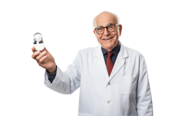 A man wearing a lab coat holds a light bulb, demonstrating scientific experimentation. on a White or Clear Surface PNG Transparent Background.