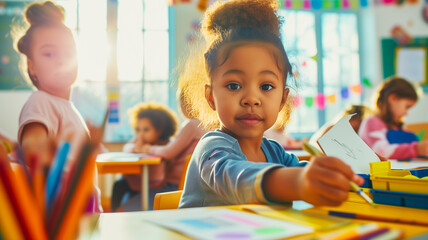 Classmates Drawing Together. Сhildren draw. Large group of elementary students having an art class in the classroom.