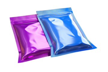 Two bags of candy, one red and one blue, placed side by side on a table. on a White or Clear Surface PNG Transparent Background.