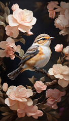 detailed and realistic painting of a small bird perched on a branch, surrounded by blossoming flowers