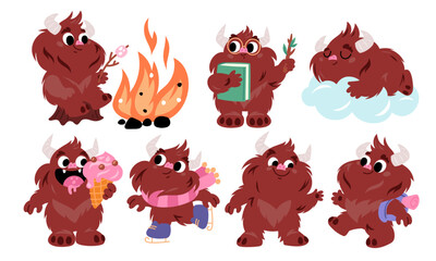 Cartoon bigfoot character. Funny mythical creature. Brown furry monster in different poses and situations. Sasquatch sleeping and eating ice cream. Yeti with bonfire. Garish vector set