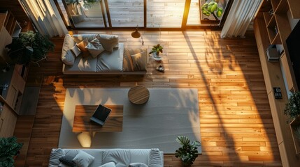 Top view, living room wooden floor. Interior mockup. Apartment background. Modern interior design. Generative Ai