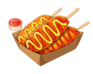 Korean corn dog sausage recipe illustration vector. Korean street food corn dog menu. Mozzarella cheese corn dog recipe korean street food. Korean corndog cheese stick. Deep fried cheese corndog menu.