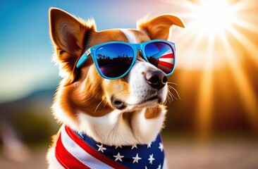 A dog from the USA wearing sunglasses. Glasses in the color of the American flag. there is an American flag on the dog. close-up. in the rays of the setting sun
