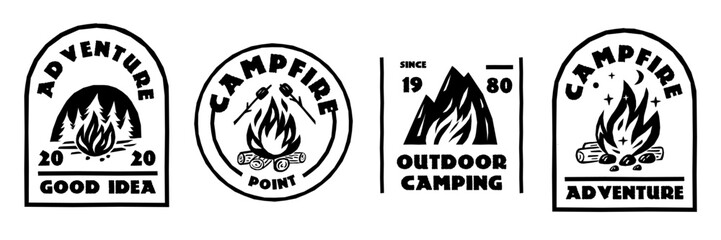 Campfire black labels. Adventure emblems with bonfires. Monochrome stickers. Tourist hiking elements. Forest and mountains. Fire flame burning. Marshmallow roasting. Garish vector set