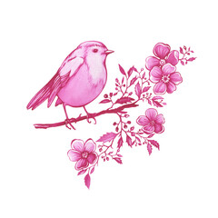 Pink robin bird sitting on a cherry branch in Toile de Jouy fabric style. Hand drawn monochrome watercolor painting illustration isolated on white background
