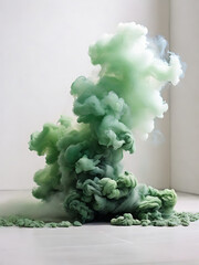 White background white floor with green smoke