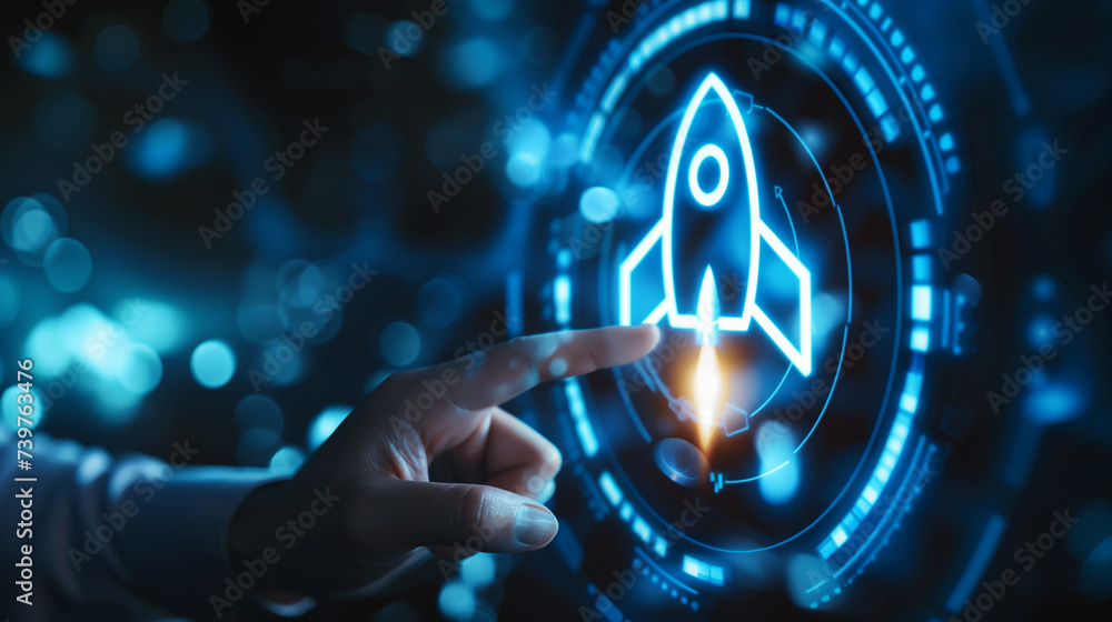 Aufkleber businessman on blurred background using digital rocket hologram 3d rendering