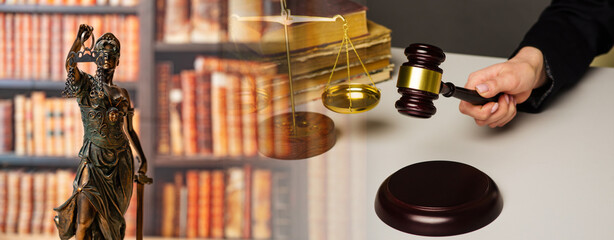 Collage Lawyer office. Statue of Justice with scales close-up against the backdrop of a wall of books or a library . Legal law, advice and justice concept