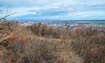 Fototapeta premium Beautiful view from the hill to the plain with green fields, meadows, villages and forests. There are vineyards on the hillside. Blue sky with white clouds.