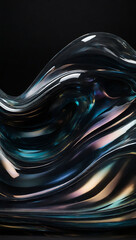 Abstract holographic shape floating on black background. Transparent glass texture on wavy figure.