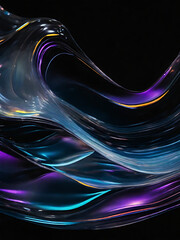 Abstract holographic shape floating on black background. Transparent glass texture on wavy figure.