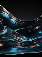 Abstract holographic shape floating on black background. Transparent glass texture on wavy figure.