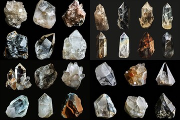 set of sixteen different quartz crystal rocks isolated on black background, semi precious stones / gems design elements,	