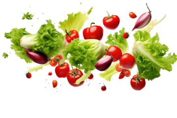Lettuce, tomatoes, and assorted vegetables gracefully falling through the air. on a White or Clear Surface PNG Transparent Background.