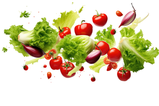 Lettuce, tomatoes, and assorted vegetables gracefully falling through the air. on a White or Clear Surface PNG Transparent Background.