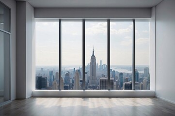 Fototapeta premium Interior skyscrapers view cityscape mockup of a blank room with a white wall during the day. Skyline view from a high-rise window. A gorgeous real estate with a view.